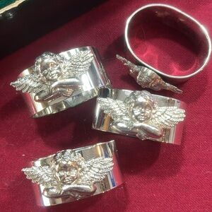 Department 56 SILVER Plated ANGEL Cherub wings Napkin Rings, 4 IN BOX 2”wide new